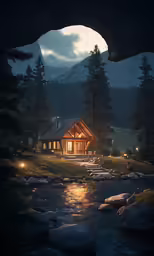 there is a night view of the cabin by the water