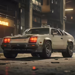 an automobile is parked on a street at night
