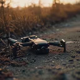 a camera is laying on the ground next to some dirt