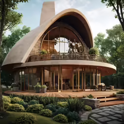 a circular wooden building with plants and trees surrounding it