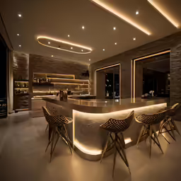 modern looking kitchen and bar, in an open area