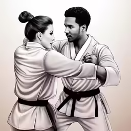 a man and woman dressed in martial clothes