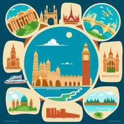 a poster that is in the shape of a circle,an illustration shows a clock tower surrounded by various different landmarks