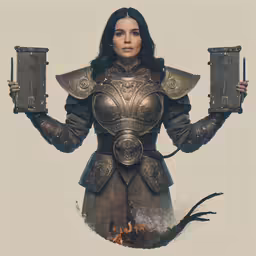 woman in armor with two arms and legs crossed with fire burning behind her