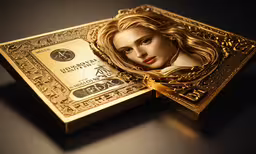 a golden wallet with an image of mary queen,a gold paper with a picture of a woman on it