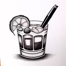 a sketch of an alcoholic cocktail with cinnamons,an ink drawing of a drink with ice and limes