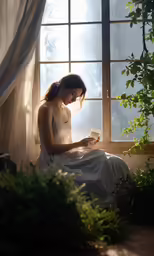 a young lady is sitting in the sunlight by a window
