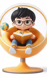 small cartoon boy reading on an orange chair