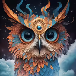 an owl with blue eyes, a bright gold halo and clouds