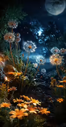 dandelion flowers against a full moon backdrop