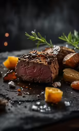 steak with orange slices and roasted peppers, on a cutting board