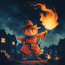 a movie character holding fire while wearing a hat and coat