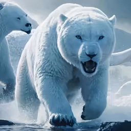 two white polar bears that are running through some water