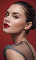 a woman with red lipstick and a black top