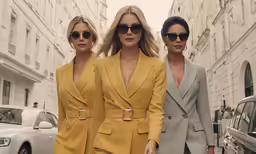 three women wearing suits and sunglasses in a street
