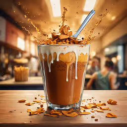an ice cream sundae with milk, sauce and caramel,a chocolate pudding drink is spilled over the edge of a table