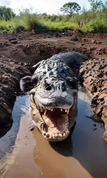 an alligator is partially submerged in mud