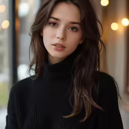 a young woman standing next to a pole with many lights behind her
