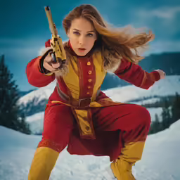 the woman is shooting in a ski resort