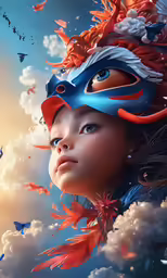 the girl is wearing a blue mask with feathers around her head