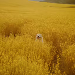 a dog running through an open field of tall grass