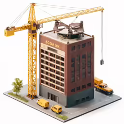 toy buildings model and crane against white background