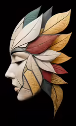a painted mask with multicolored leaves and feathers