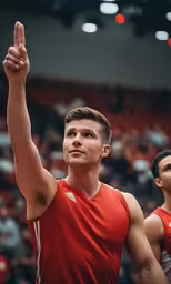 a young man pointing up during a basketball game