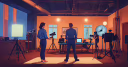 two men in suit standing in front of some television screens,a man and woman on the set of an image of a photographer with video equipment
