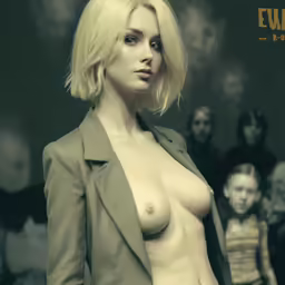 a young woman with very large breast standing next to several children