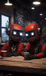 two people in red suits with light up eyes sitting at a table