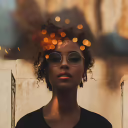 a young woman in black shirt with round glasses and afro hair