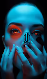 a woman in blue holds up an object with her hands over her face