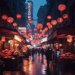 a market street in an asian town is lit up with lanterns