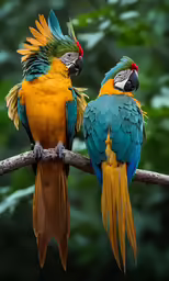 two colorful parrots standing on a tree limb