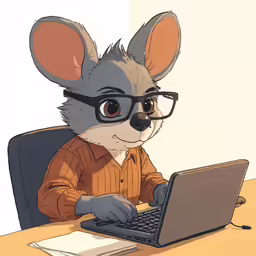 the mouse in glasses is using his laptop