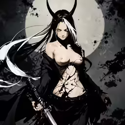 an anime girl with horns, with two swords
