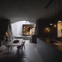 large open kitchen area with table and chairs and dark interior
