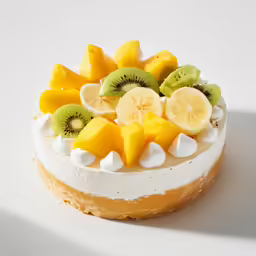 a decorated cake is displayed on a white surface