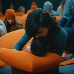 woman and child sitting in bean bags while a man holds the head over her shoulder