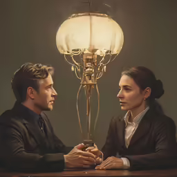 a man and woman stand in front of a table