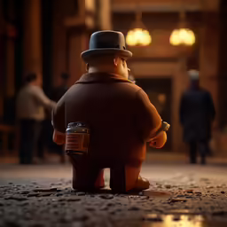 a brown lego man sitting on the ground with a can of coffee