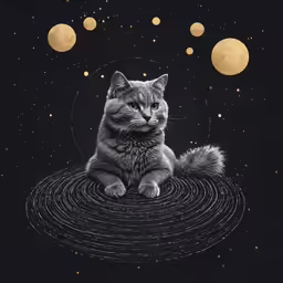 cat sitting on the edge of a black ring in space surrounded by smaller balls of gold