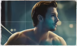 a man without a shirt poses in front of a tiled wall