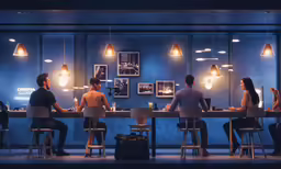 people sitting at table in brightly lit restaurant area