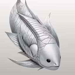 an illustration of a silver fish in profile with leaves on the front