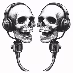 two human skull with headphones hooked up to each other