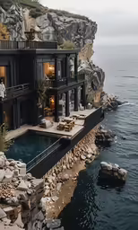 the building next to the water is made out of rocks