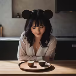 woman in the middle of a table sitting at a table with two cups