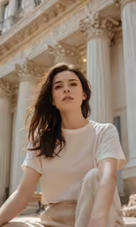 the model is sitting on a ledge by some white pillars